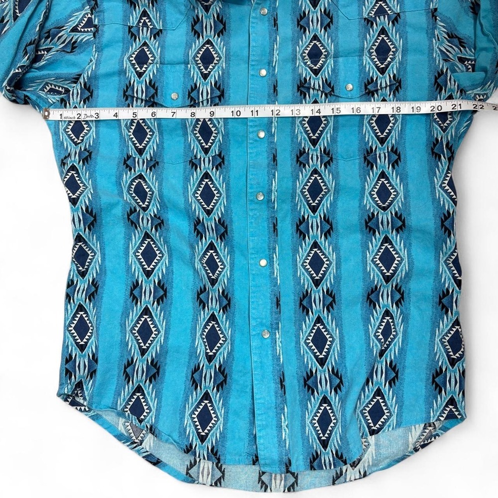Wrangler Western Blue Aztec Geometric Diamond Pearl Snap Shirt Mens Size M - Picture 4 of 5